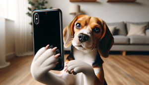 Beagle dog holding phone with WoofConnect app